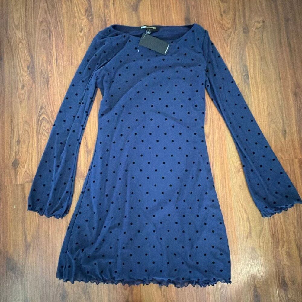 NWT Honey & Sparkle  navy polkadot, long sleeve mesh overlay dress, long sleeve
